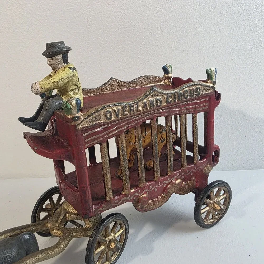 Vintage Cast Iron Horse Drawn OVERLAND Circus Wagon Toy With Tiger & Driver Read